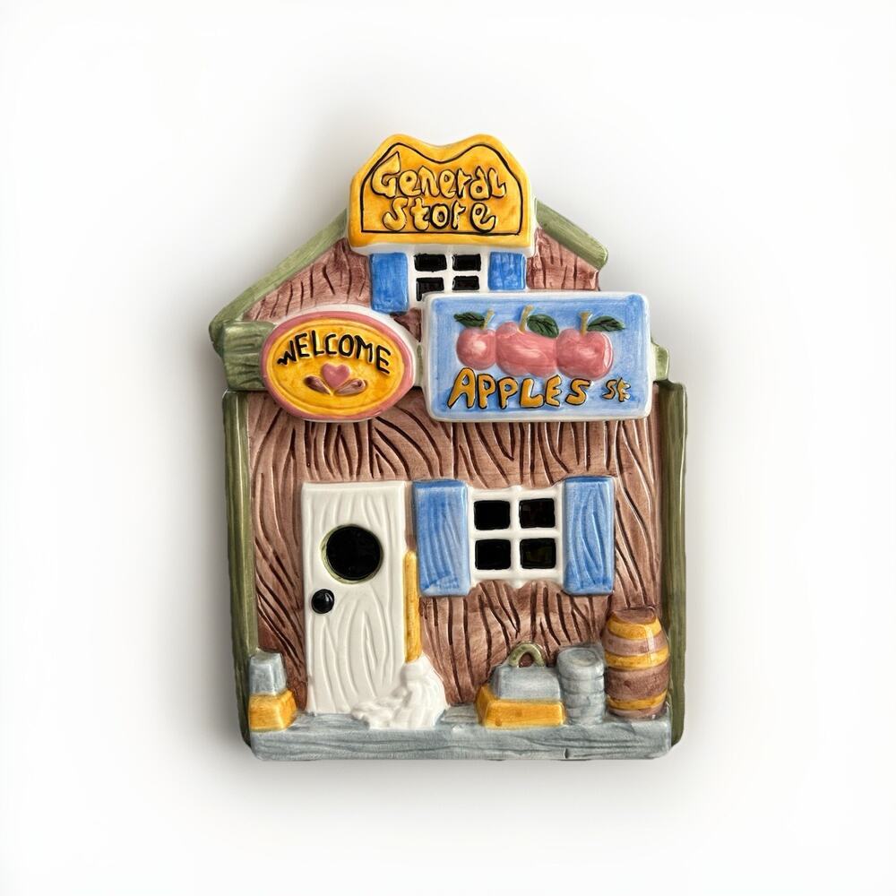 Vintage General Store Cookie Jar By GKAO Ceramic Brown House Welcome Apples Eggs